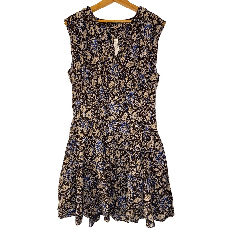 NEW‎ Madewell Floral Woodcut Tiered Mini Dress Blue Cream Boho Large Pockets